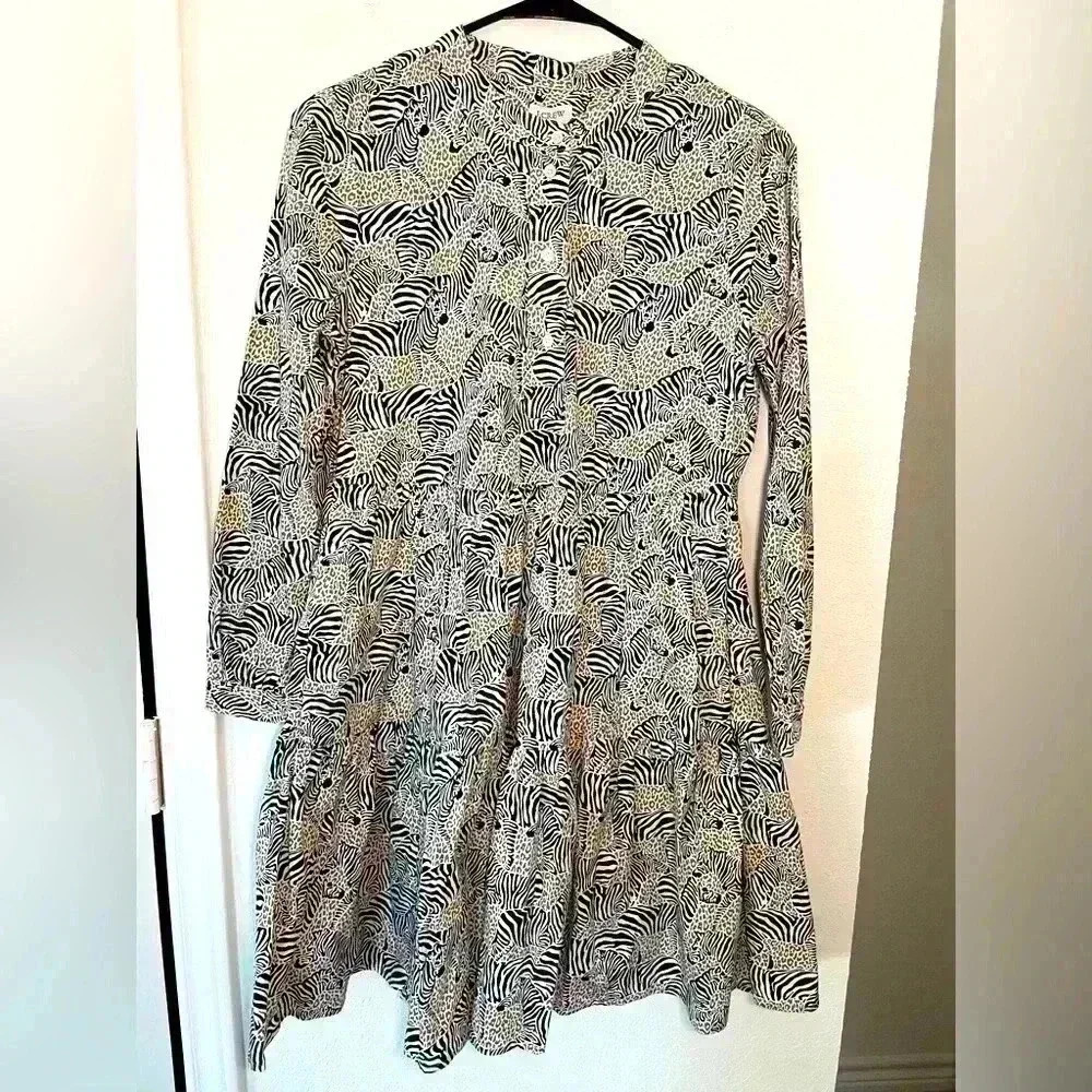 J CREW Zebra Mixed Animal Print Long Sleeve Fit to Flare Mini Dress Size XS